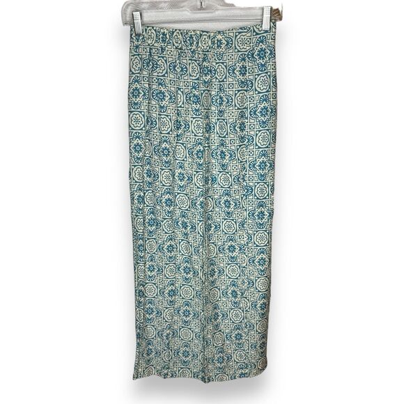 VTG Passports Pier 1 Imports Small Button Front Midi Skirt Blue Cream Geometric - Picture 2 of 8